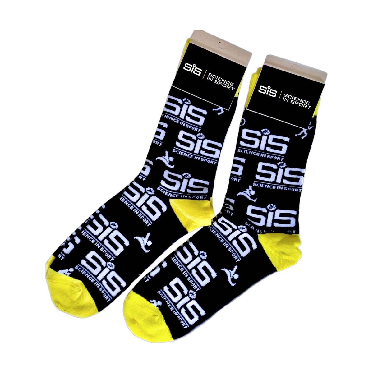 SiS Kit Socks - black with white SiS logo print and yellow heel and toe
