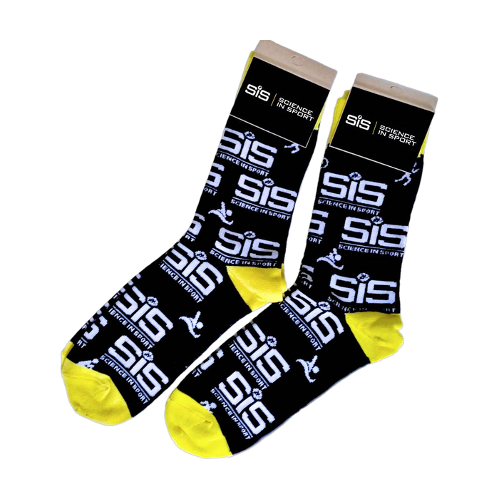 SiS Kit Socks - black with white SiS logo print and yellow heel and toe